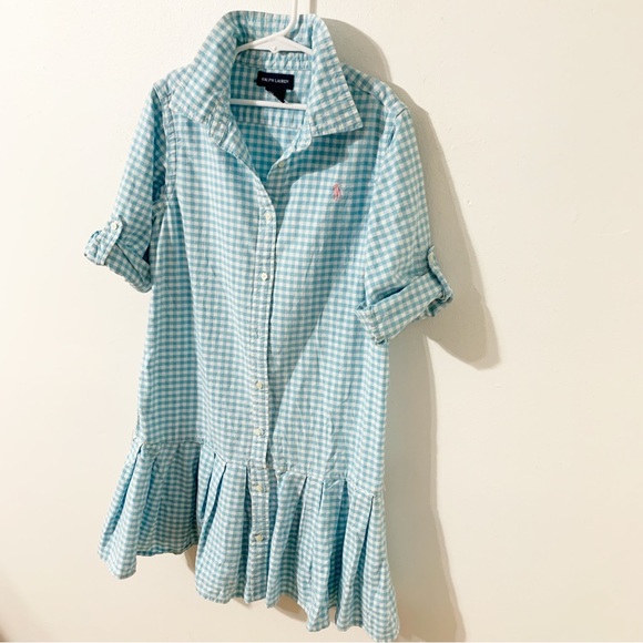 Ralph Lauren Gingham Print Button Front Shirt Dress Ruffled Hem Half Tab Sleeves - Picture 6 of 13
